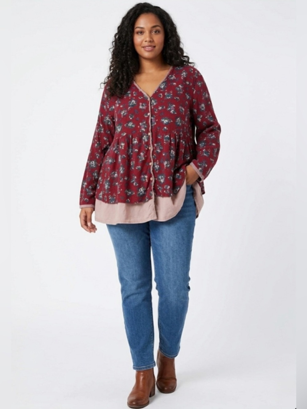 YOINS Burgundy bohemian tunic, floral boho tunic size XXL